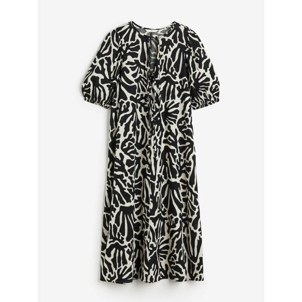 H&M Linen Blend Black & Cream Print Puff Sleeve Midi Dress Tie Detail Size XS